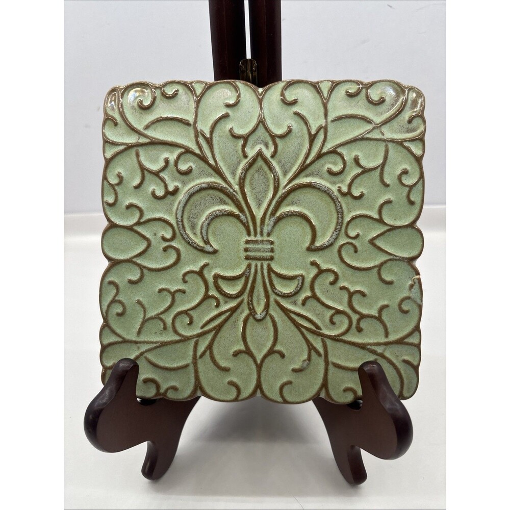 Frankoma Pottery Trivet #3TR Plainsman Prairie Green “Fleur De Lis” 6" Square